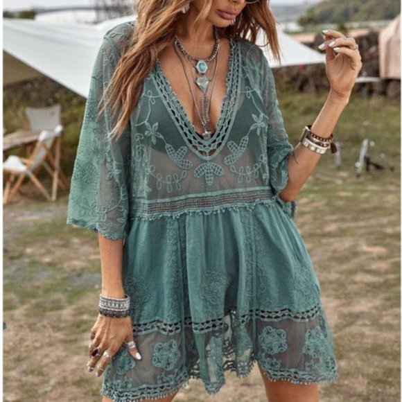 Other - *RESTOCKED* Boho Lace Plunging Cover Up Green